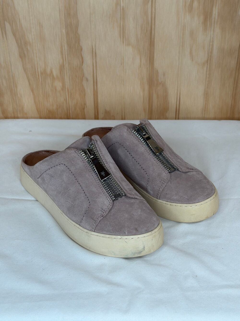 Frye Lena Zip Mule Sneakers Mauve Suede Slip-On Size 8.5 Travel Minimalist